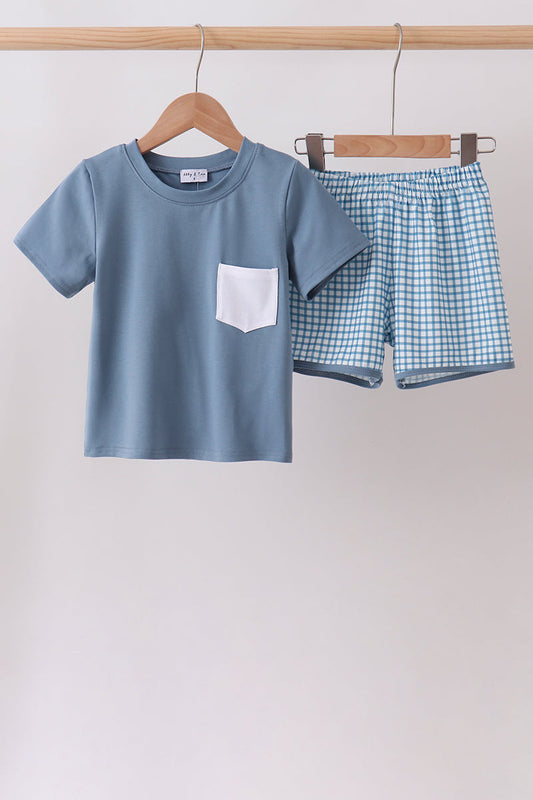Blue Pocket Grid Shorts Set