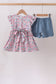 Blue Floral Smocked Scalloped Shorts Set
