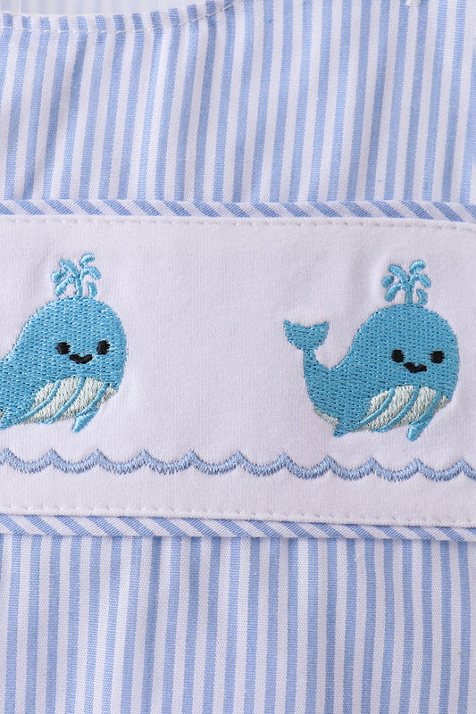 Blue Whale Embroidered Seersucker Jon Jon