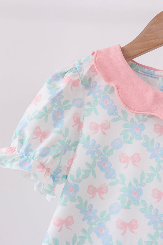 Pink Floral Bow Print Dress