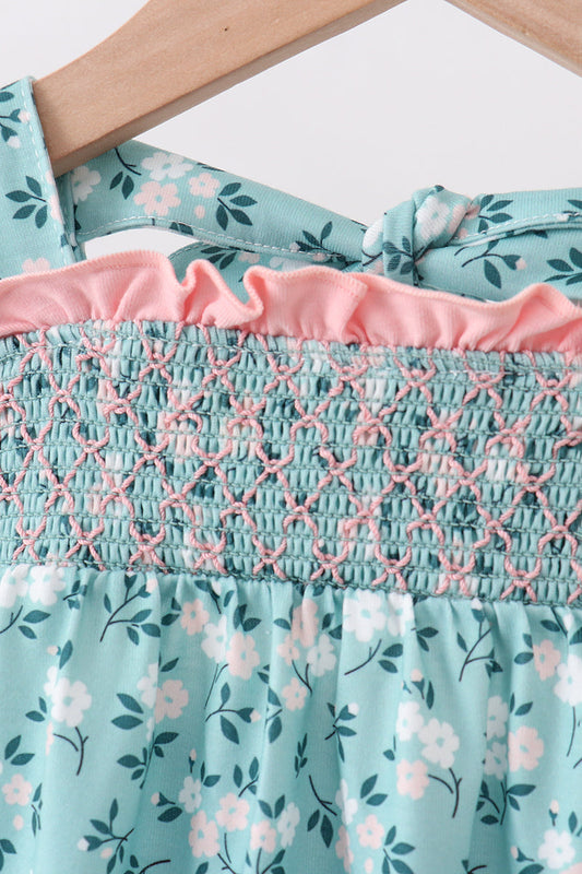 Green Floral Smocked Ruffle Bubble