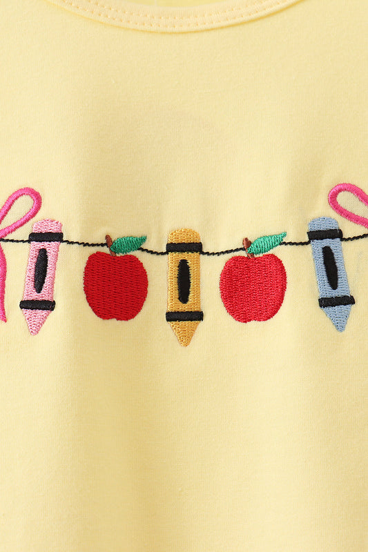 Yellow Apple Crayon Embroidered Ruffle Pants Set