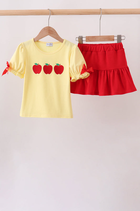 Yellow Apple Crayon Embroidered Girls Skorts Set