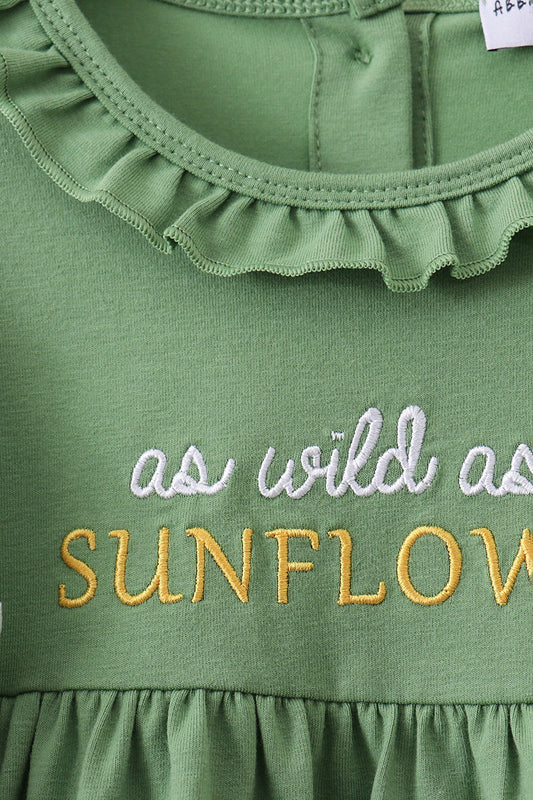 Green Sunflower Applique Ruffle Shorts Set