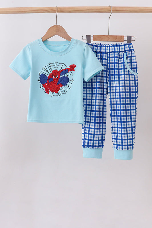 Blue character embroidery pants set