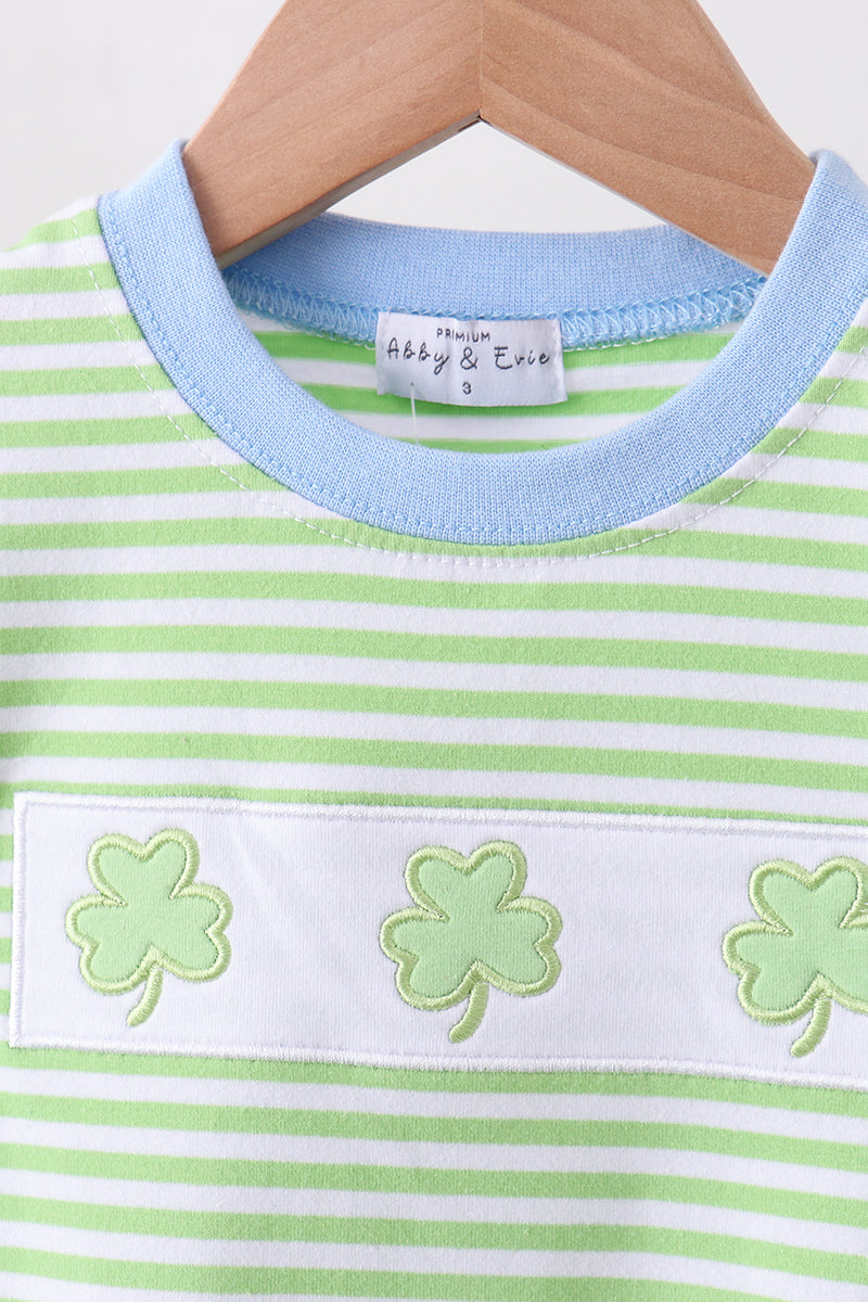 Green clover embroidery stripe pants set