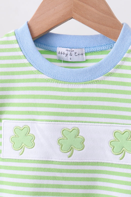 Green clover embroidery stripe pants set