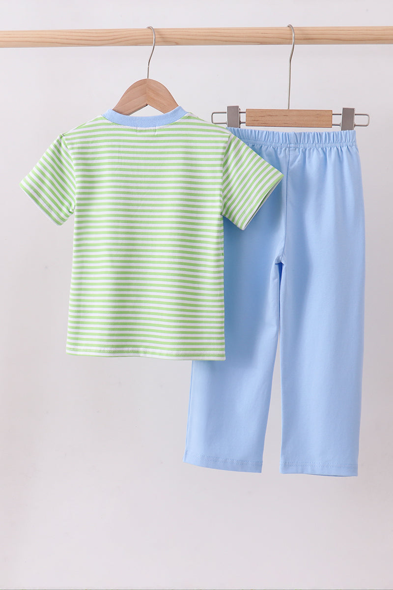 Green clover embroidery stripe pants set