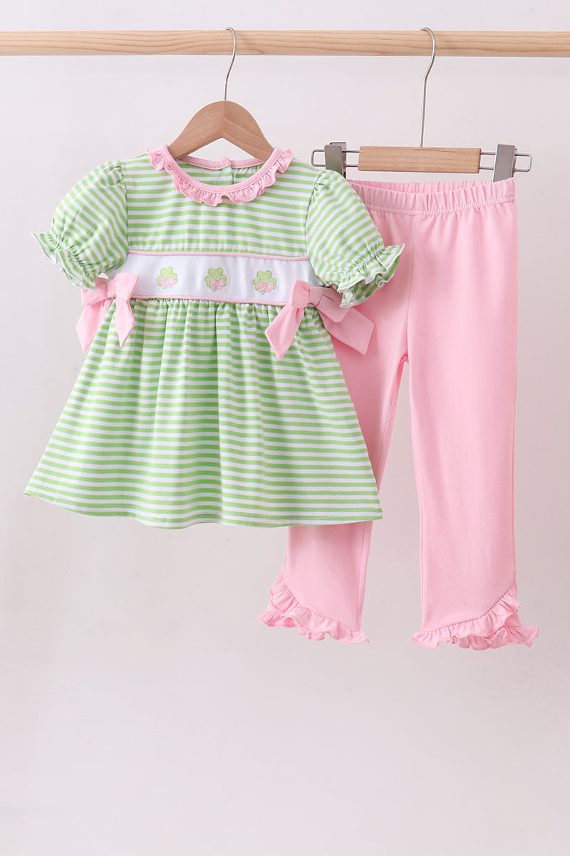 Green clover embroidery stripe bow pants set