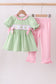 Green clover embroidery stripe bow pants set