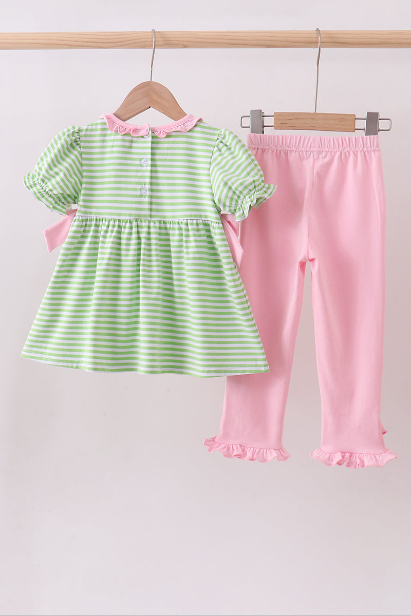 Green clover embroidery stripe bow pants set