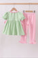 Green clover embroidery stripe bow pants set