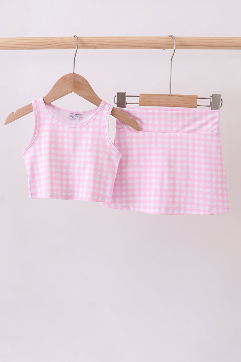 Pink gingham active skorts set