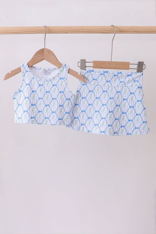 Blue bow floral active skorts set