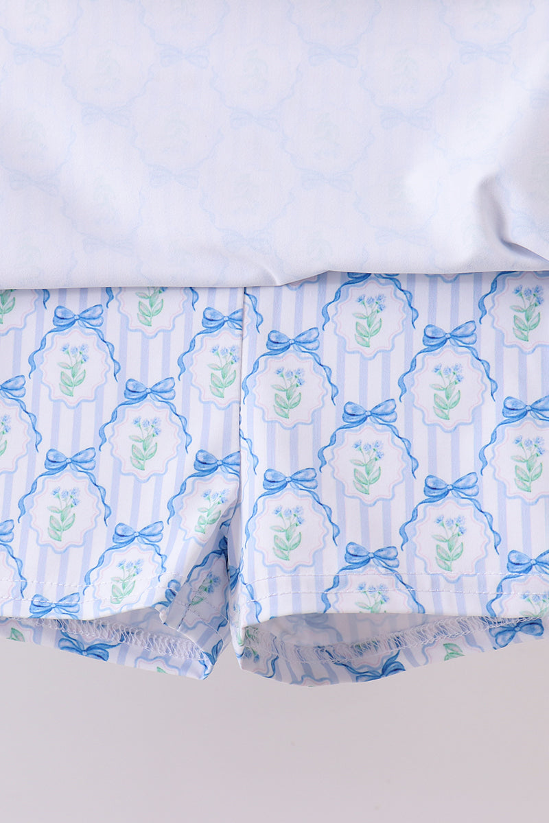 Blue bow floral active skorts set