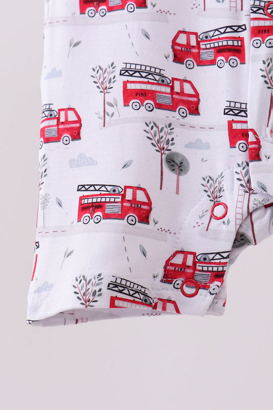 Red fire truck print bamboo romper