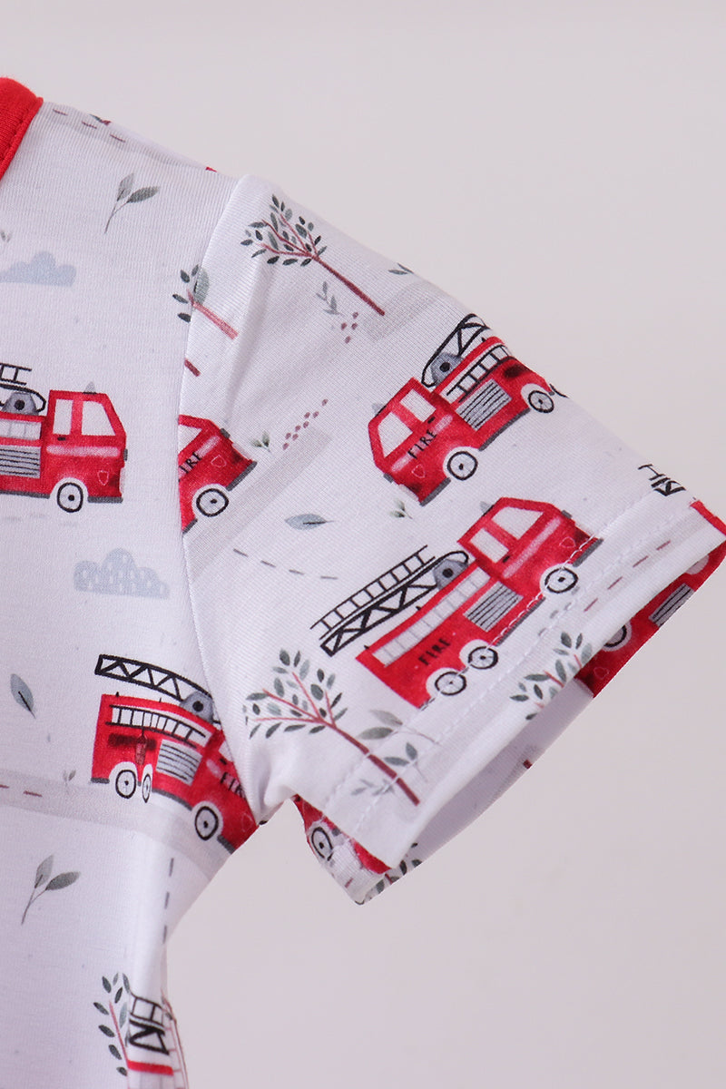 Red fire truck print bamboo romper