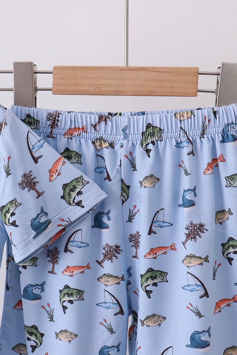 Blue fish print bamboo pajama set