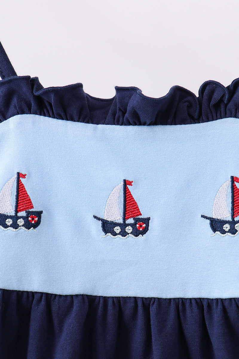 Navy sailboat embroidery ruffle dress