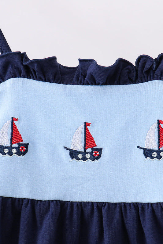Navy sailboat embroidery ruffle dress