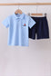Blue sailboat embroidery shorts set