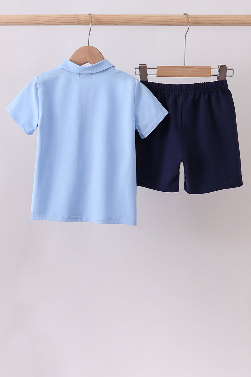 Blue sailboat embroidery shorts set
