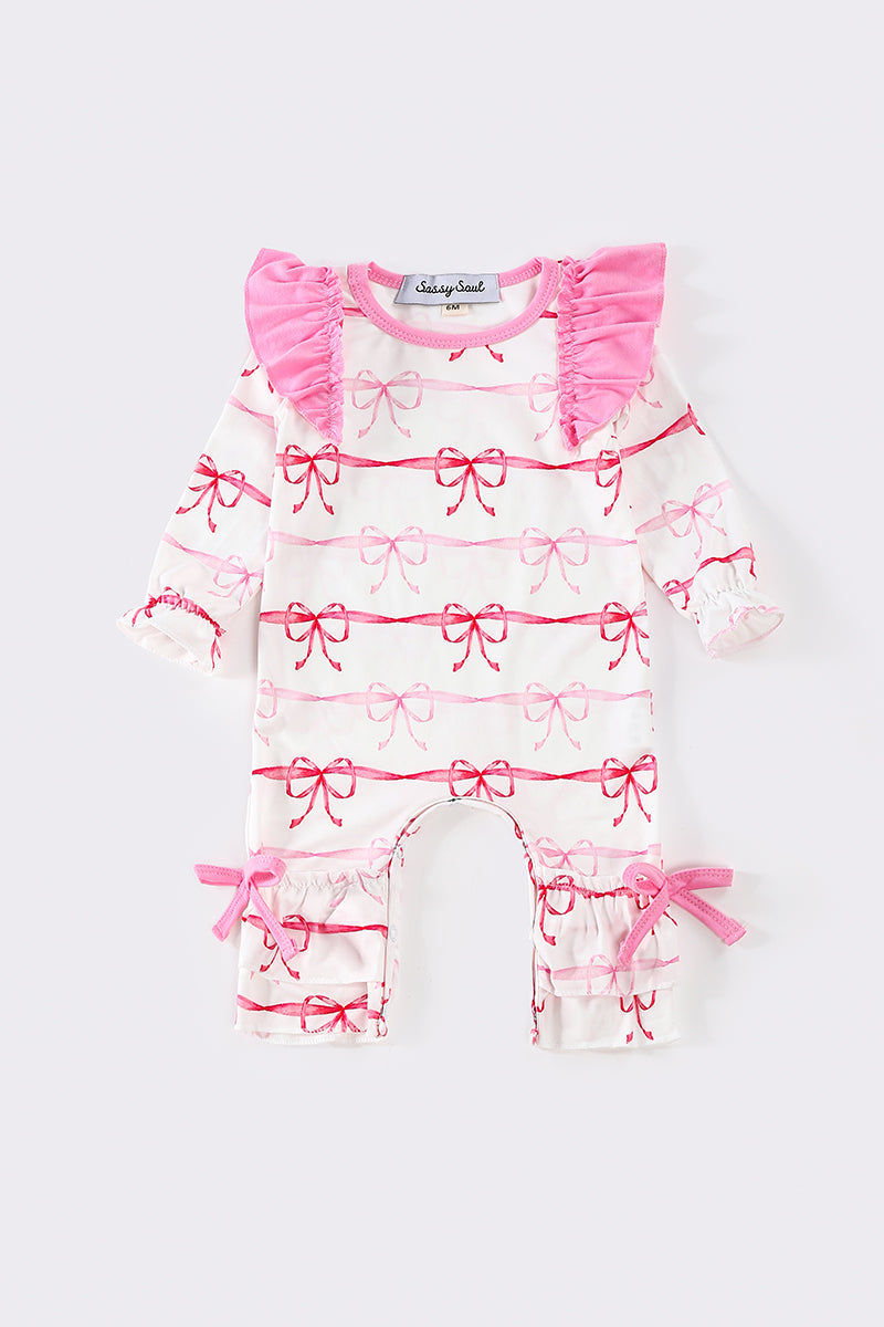 Pink stripe bow print girl romper