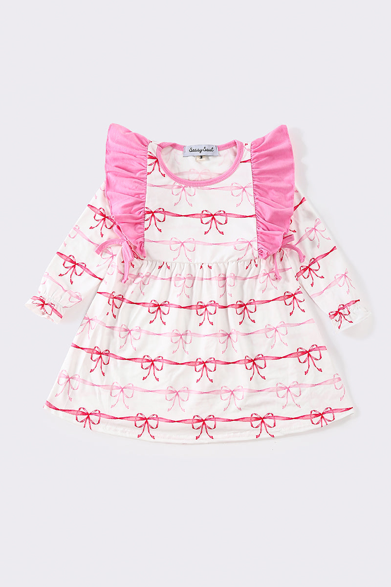 Pink stripe bow print girl dress