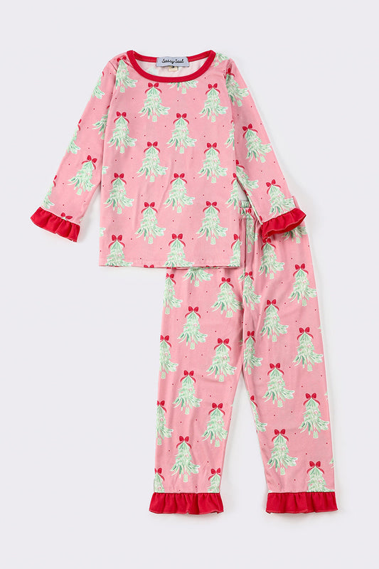 Red christmas tree print girl pajamas set