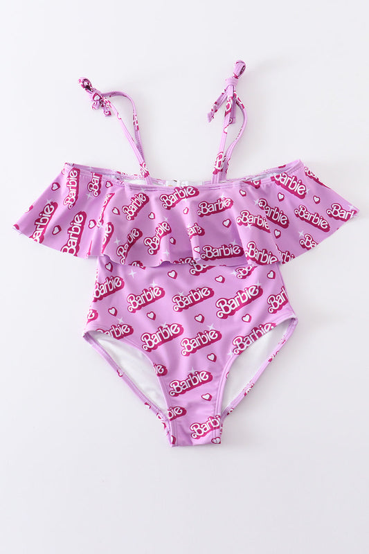 Pink barbie print strap girl swimsuit one piece UPF50+