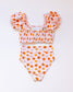 Orange floral print smocked bikini 2pc women swimsuit