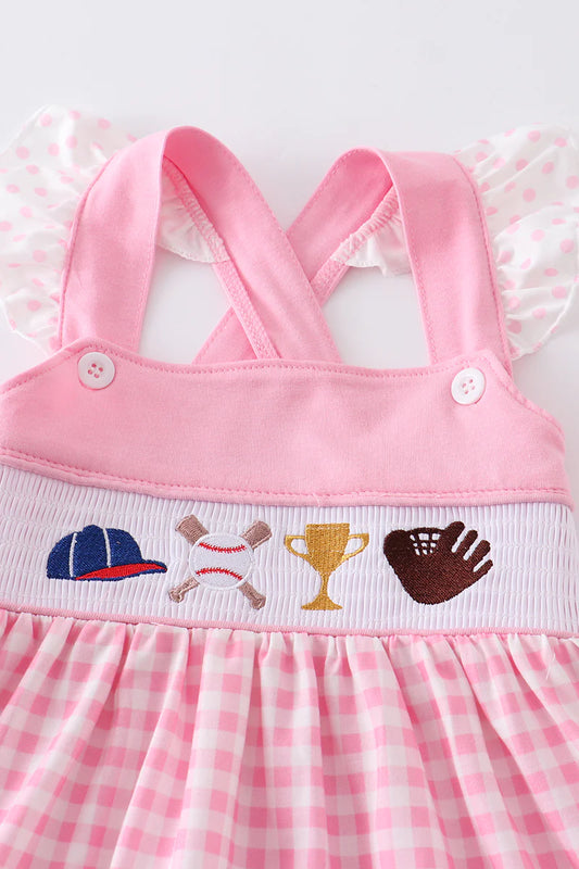 Baseball embroidery smocked ruffle dress