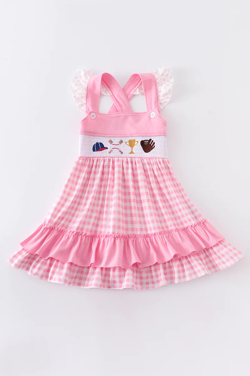 Baseball embroidery smocked ruffle dress