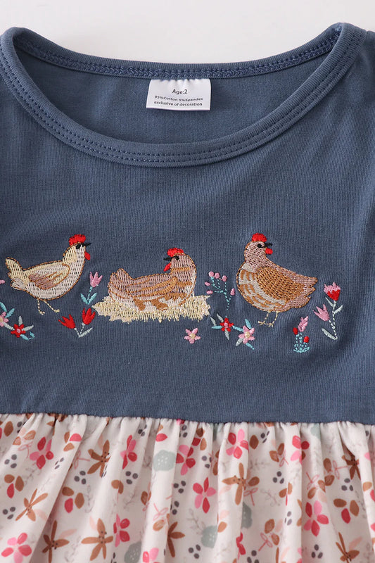 Floral chicken embroidered girl dress
