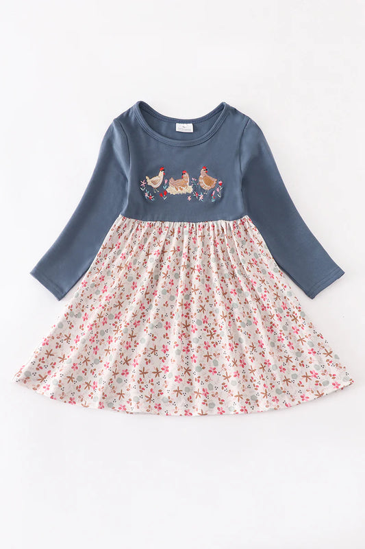 Floral chicken embroidered girl dress