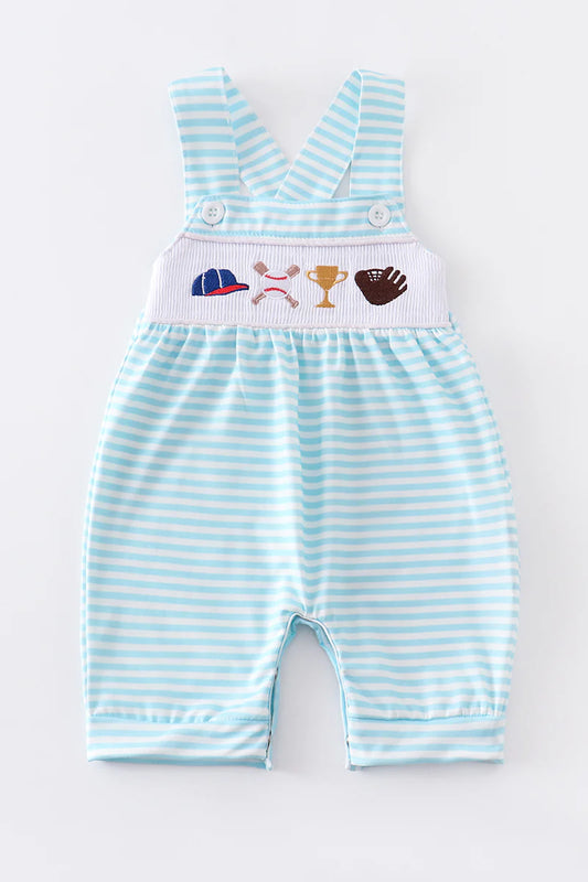 Blue baseball embroidery smocked boy romper