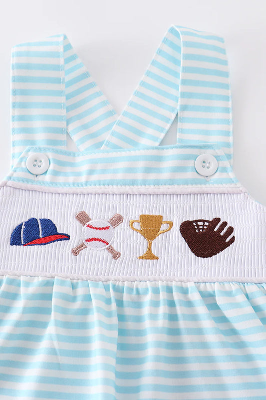 Blue baseball embroidery smocked boy romper
