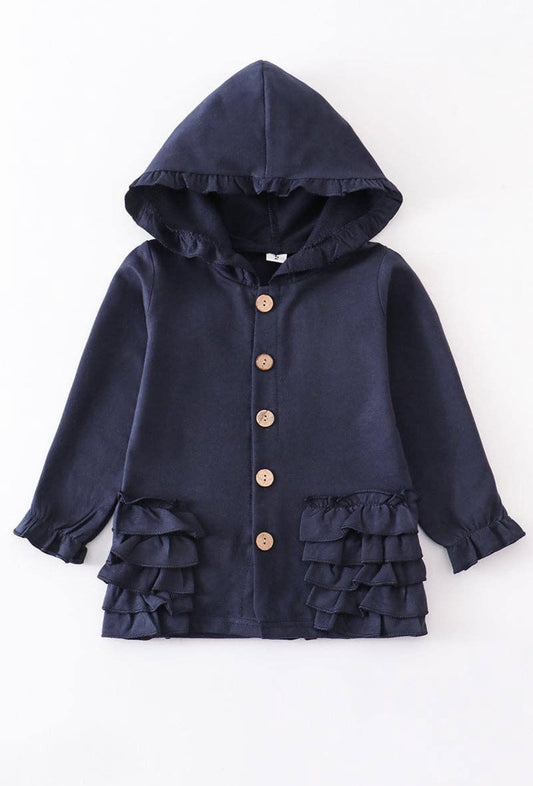 Navy ruffle button down hoodie jacket