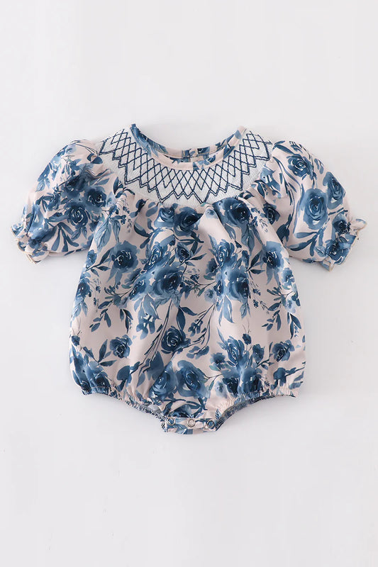 Blue floral smocked bubble